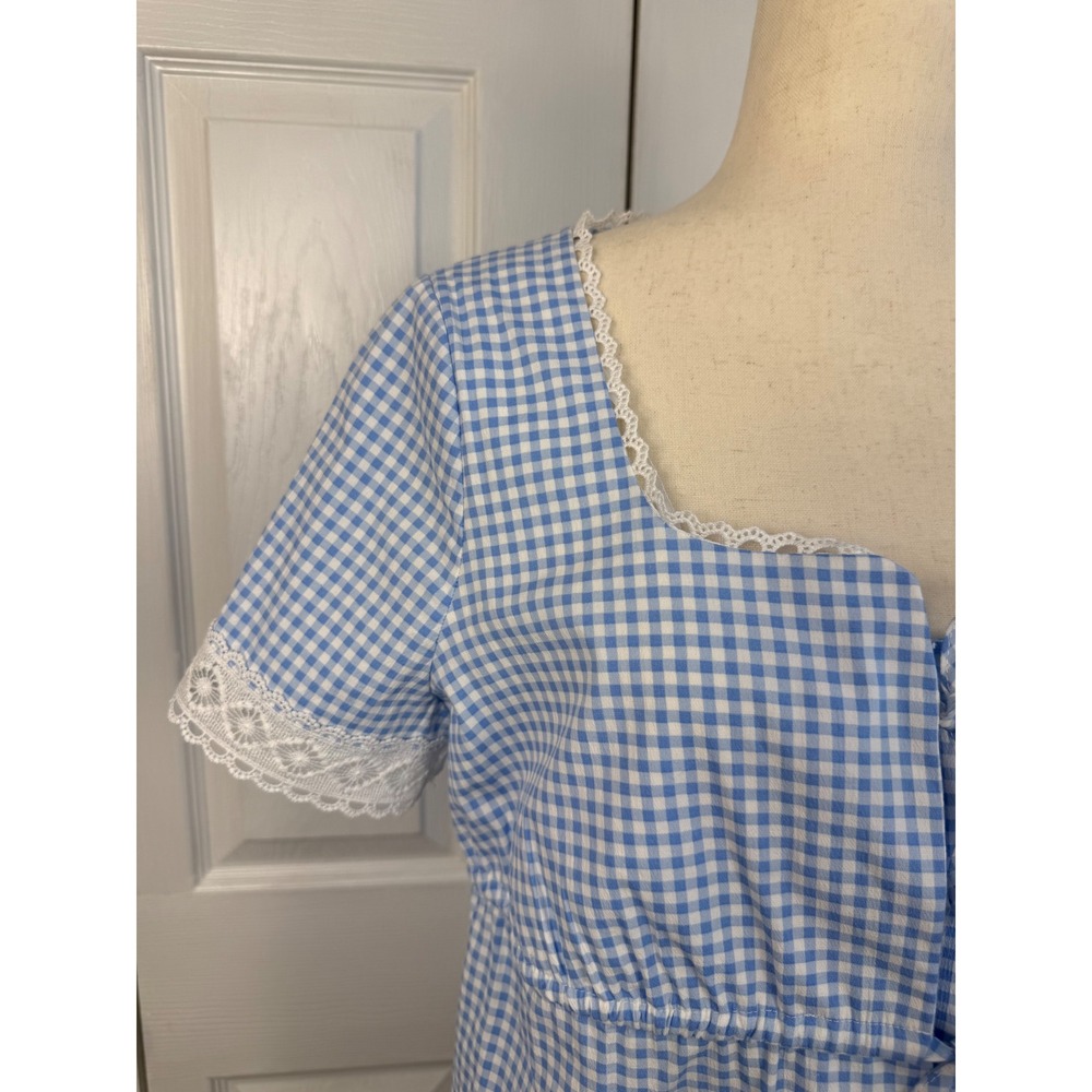 NWT Bagatelle Collection Blue Gingham Lace Trim Tie Front Top Size S - Picture 3 of 10